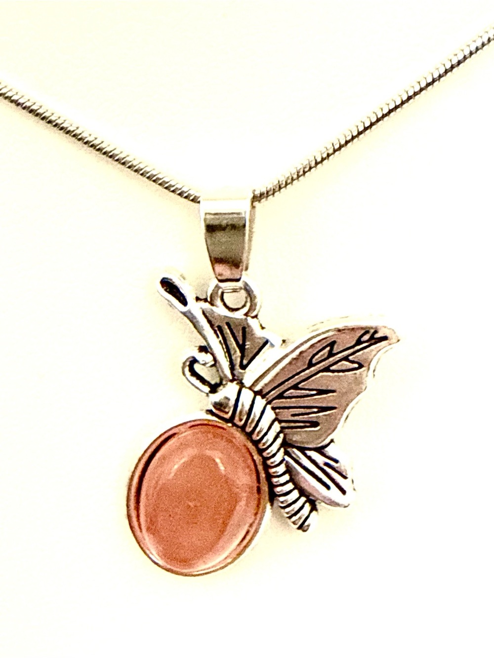 925 Sterling Silver Butterfly Pendant Necklace Rose Quartz Stone Snake Chain